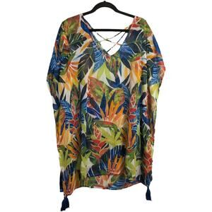 NWT Kona Sol Multicolor Floral Print V Neck Kaftan Beach Cover Up Tassels Size M